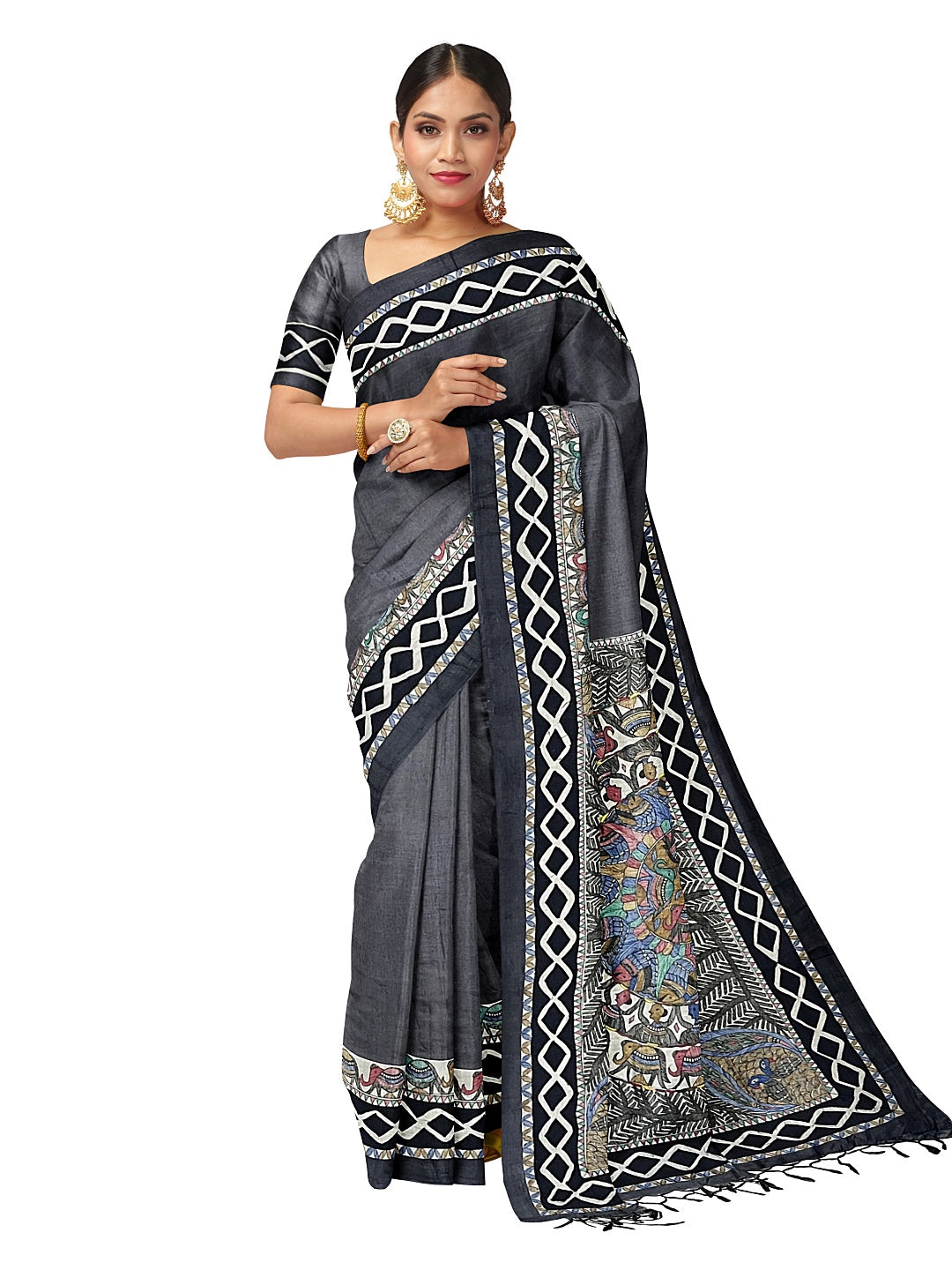 Handpainted Madhubani Saree in Godhna Style – Black Tussar Munga Silk